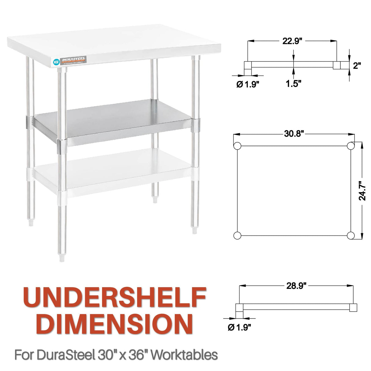 DuraSteel Galvanized Under Shelf for Work Tables - Extra Adjustable Lower Shelf for 30" x 36" Stainless Steel and Wooden Worktables - Fits for use in Restaurant, Warehouse, Home, Kitchen, Garage