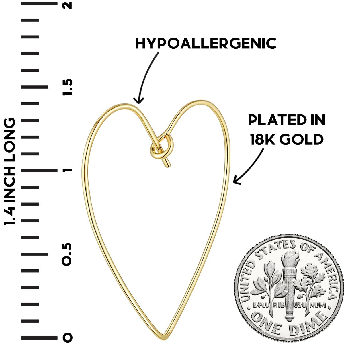 Heart Hoop Earrings for Women, 18K Gold Plated Lightweight Threader Dangles