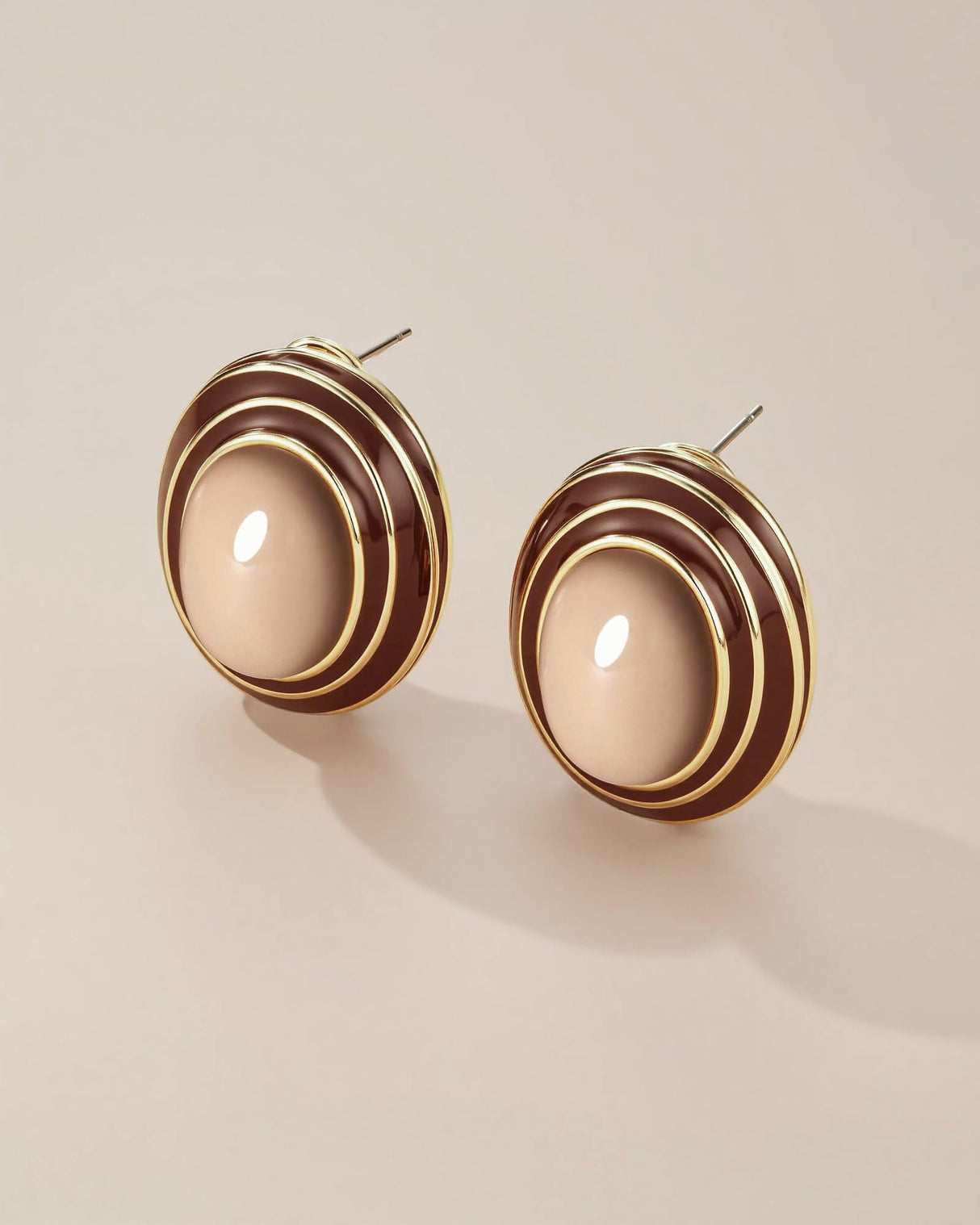 Large Chunky Brown Beige Tan 18K gold plated Round Oval Button Stud Enamel Statement Earrings for Women by SNGIA, Big Brown Bold Handmade Exaggerated Dome Retro Rounded Button Ball Trendy Bohemian Jewelry Gifts, Unique Baroque Vintage Summer Beach Fashion