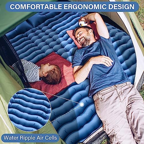 Double Sleeping Pad for Camping- Self Inflating 4"" Extra-Thick with Pillow Built-in Foot Pump Inflatable Sleeping Mat for Backpacking, Hiking, Traveling, Tent