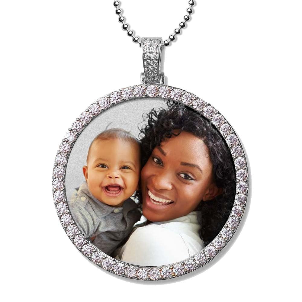 XL Photo Engraved Cubic Zirconia Pendant Necklace (Stainless Steel)