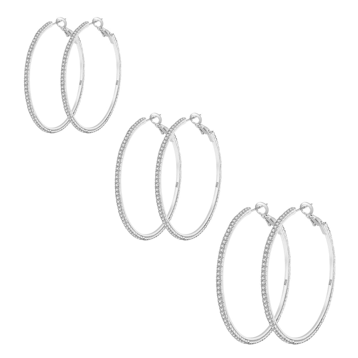 925 Sterling Silver Earrings Large Rhinestone Hoop Earrings Big Cubic Zirconia Hoop Earrings Thin Rhinestones Round Hoop Earrings for Women 20/30/40/50/60/70mm Sparkly Hoops With Crystals for Womens