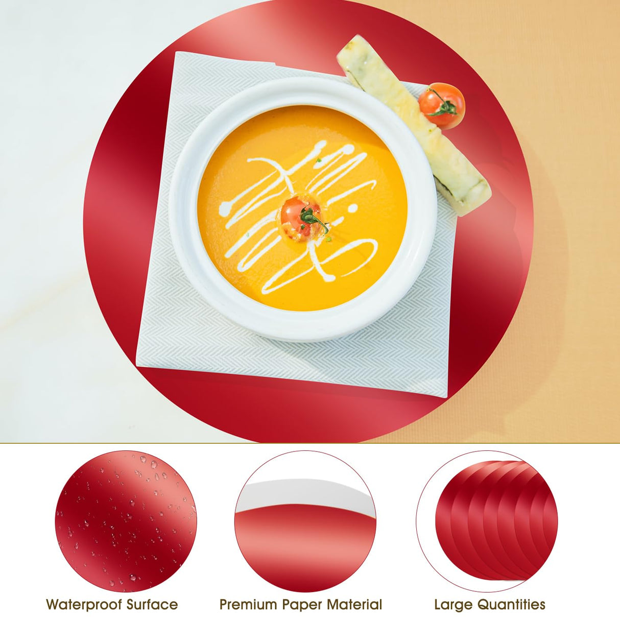 KesaPlan 100 PCS Round Red Placemats, 13" Disposable Paper Placemats for Dining Table, Mirrored Red Charger Place Mat for Christmas Thanksgiving Kitchen Banquet Table Setting Wedding Dinner Party