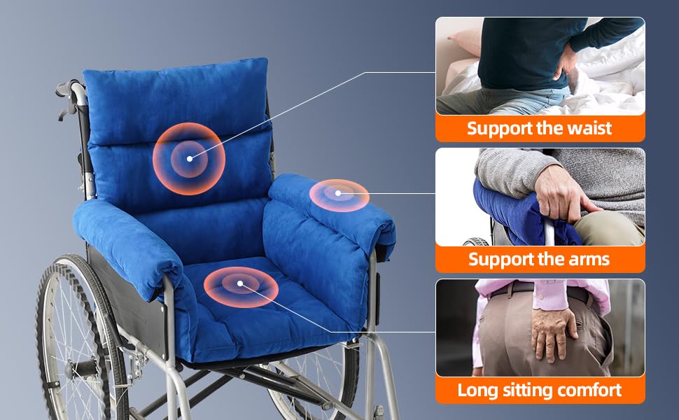 Trendcode Wheelchair Cushions,Pressure Pain Relief Accessories with Armrest Covers. Supports Coccyx & Back, Non-Slip. Fits 18" Wheelchair with Full Arms, Blue.