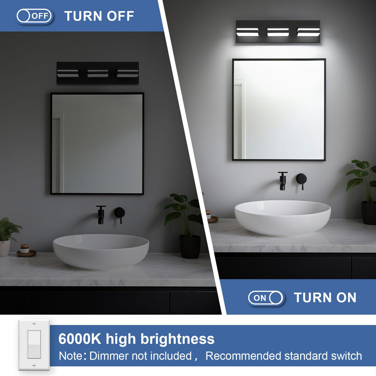 JZEKVN Modern LED Small Bathroom Lights Fixtures 3-Light,Metal Black Acrylic Wall Lighting,Vanity Lights for Bathroom Over Mirror 6000K 16in