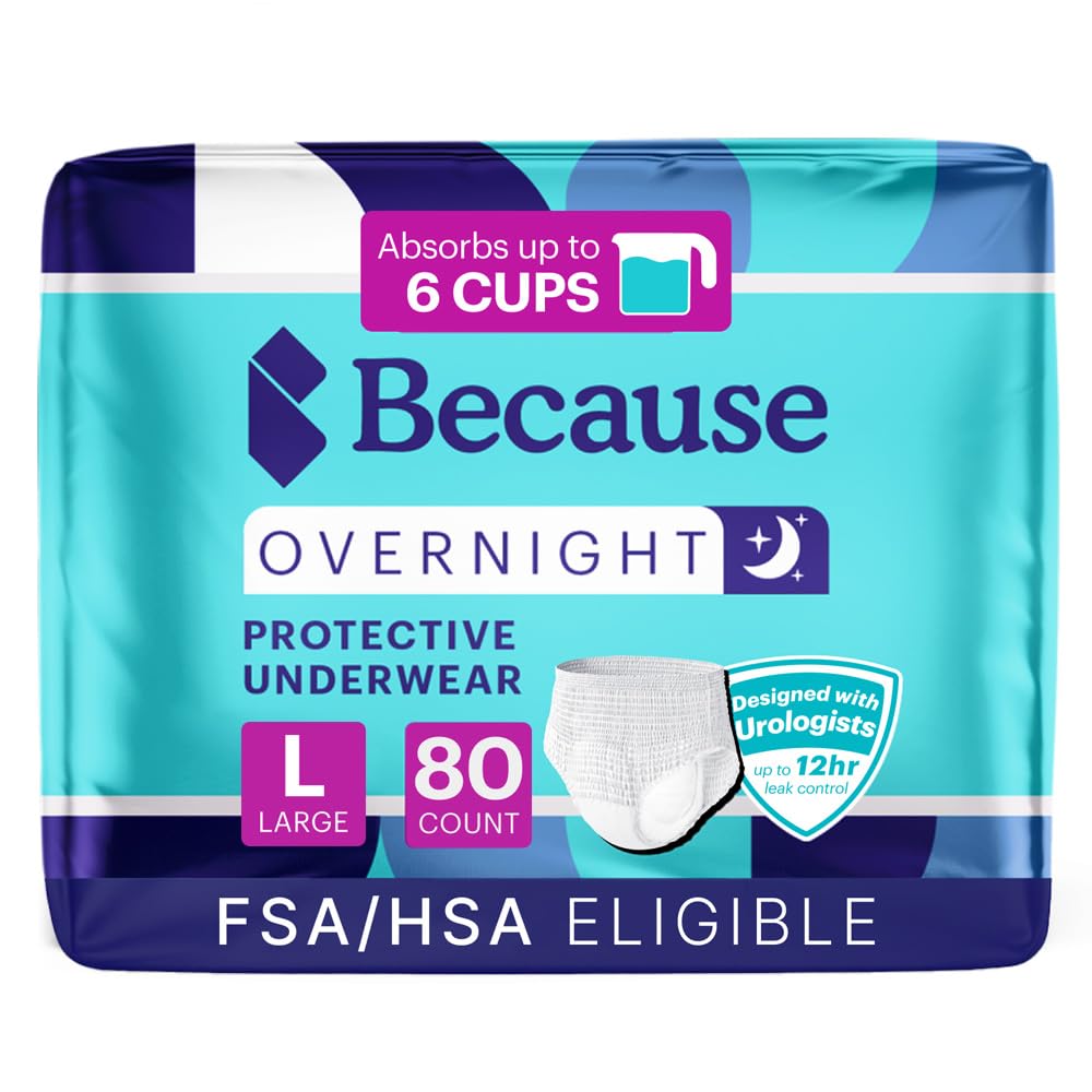 Because Overnight Absorbency Pull Ups - Adult Disposable Incontinence Underwear, Extra Absorbent Nighttime Briefs for Men and Women, White, Large, 80 Count (4 Packs of 20)
