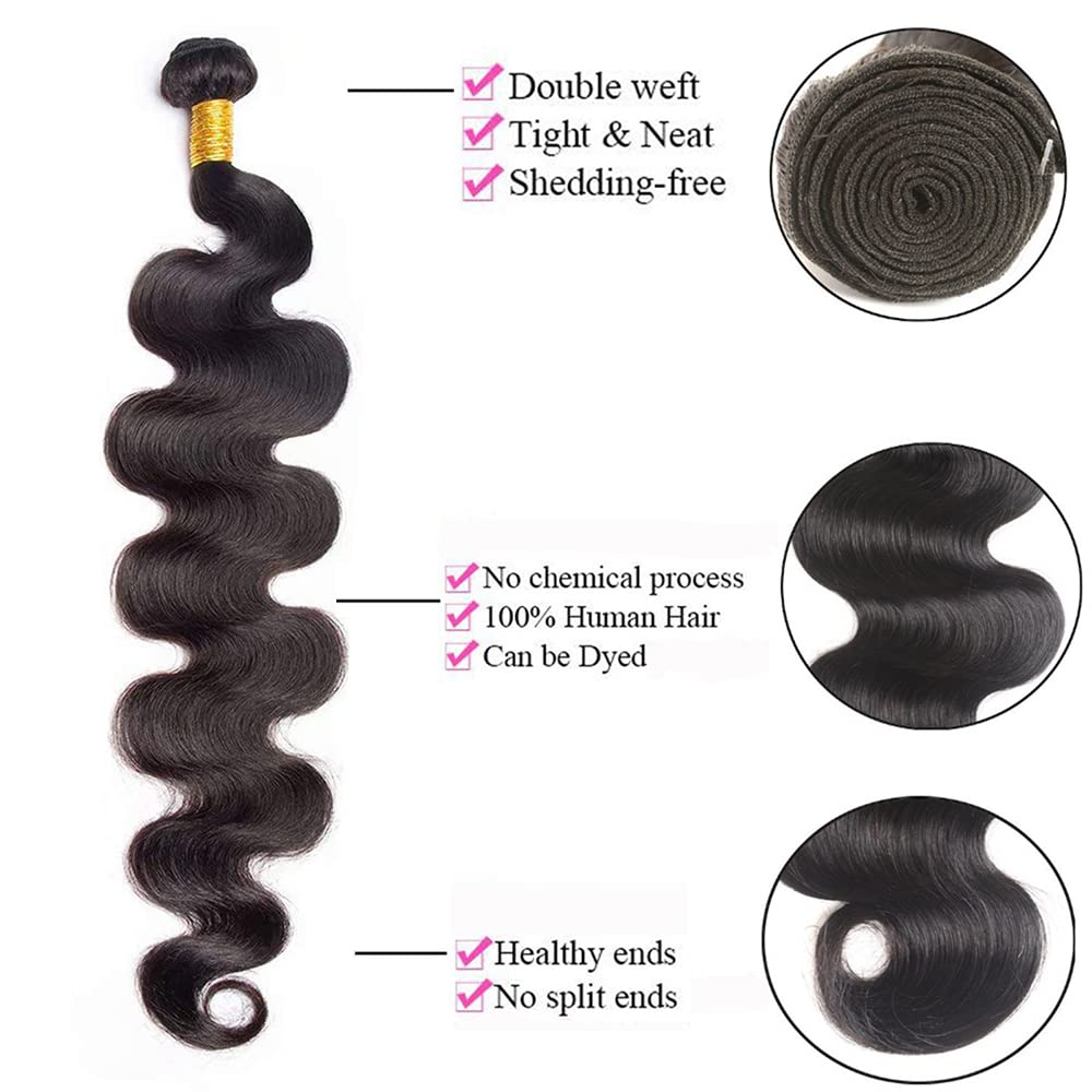 Body Wave Bundles Human Hair 26 28 30 Inch 100% Unprocessed Human Hair Bundles 12A Brazilian Virgin Hair Weave Body Wave 3 Pieces Natural Black Color 300G