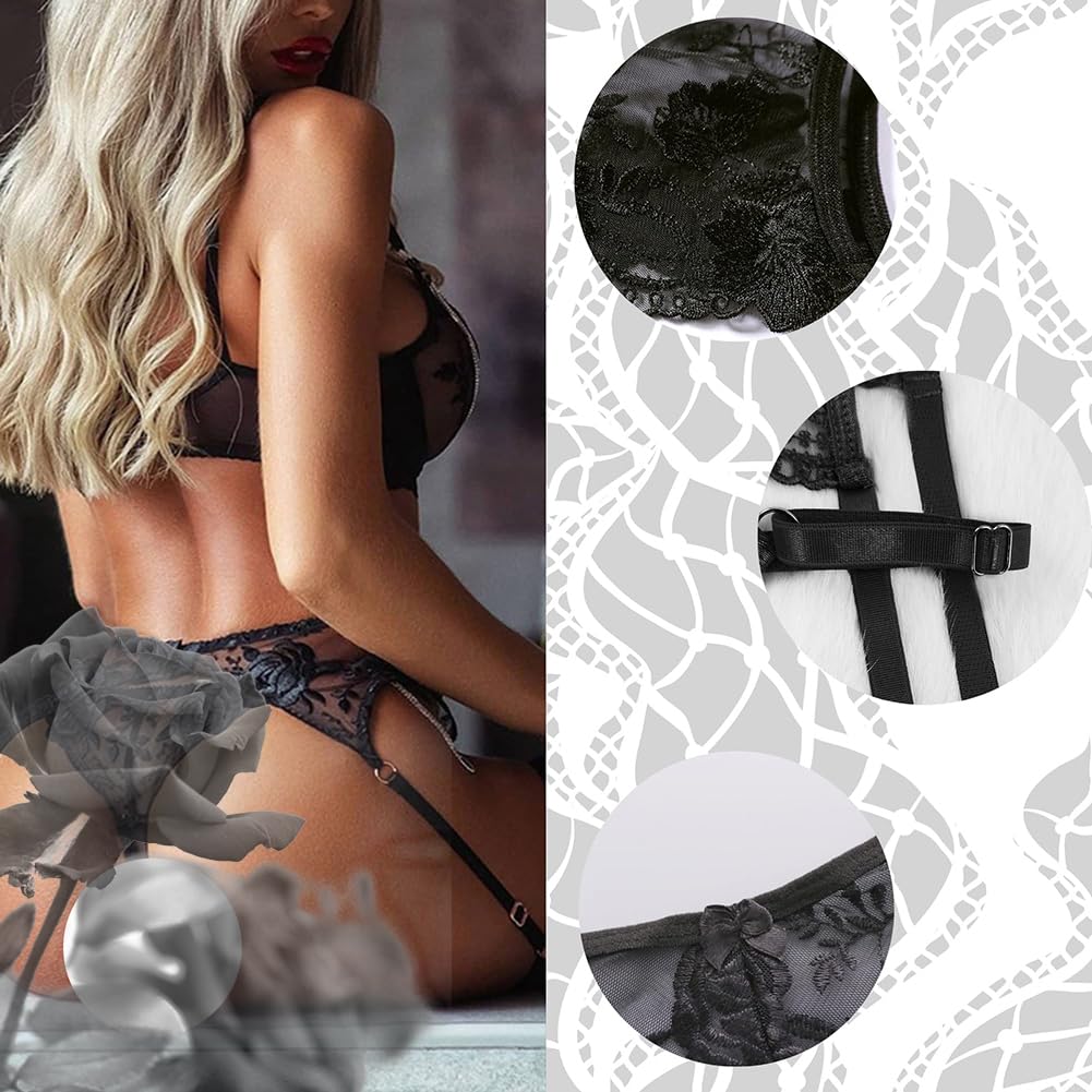 UnderYours Lace Garter Belt Thong Set for Women Suspender Lingerie with 4 Metal Clips Holder Belts for Stockings+G-string