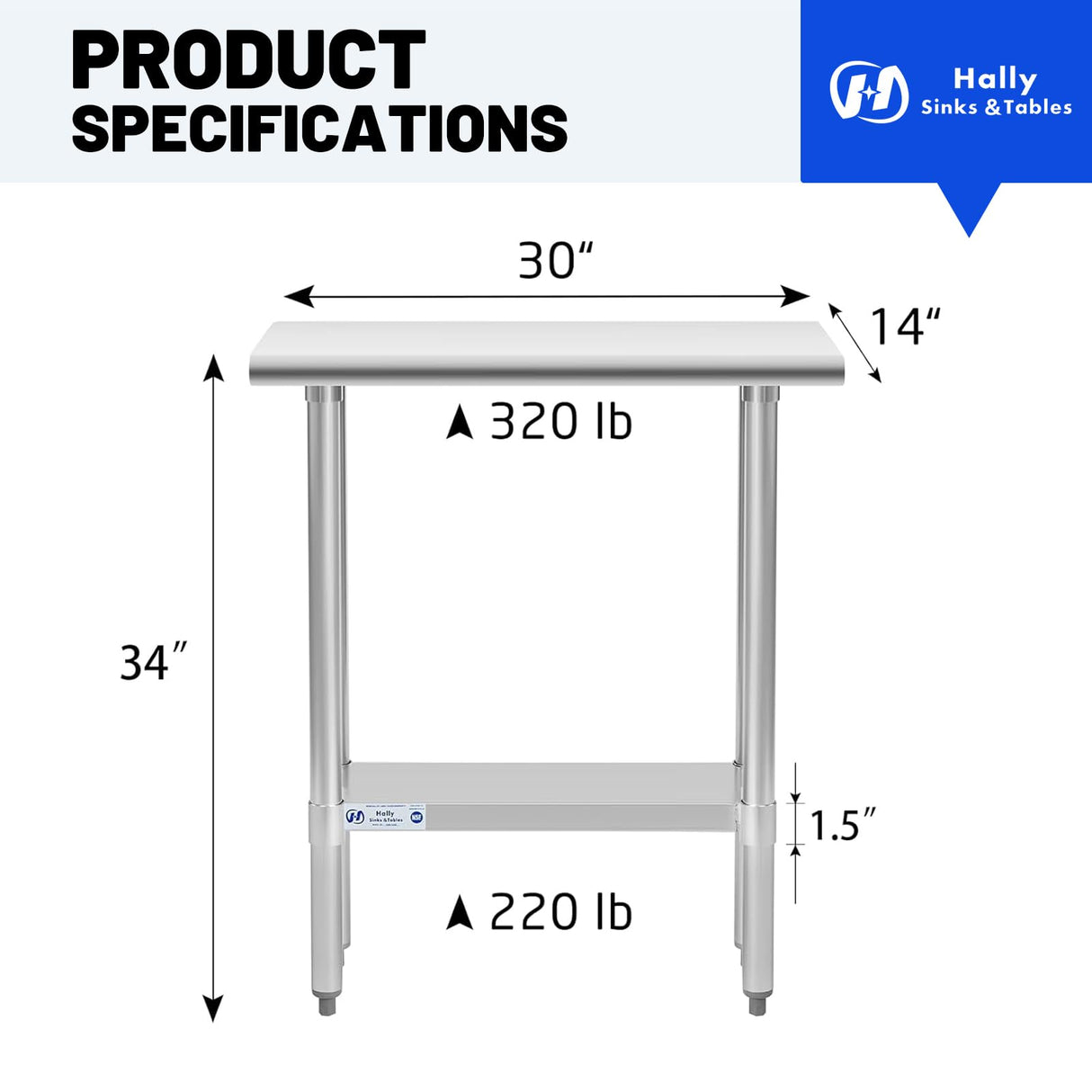 Hally Stainless Steel Table for Prep & Work 14 x 30 Inches, NSF Commercial Heavy Duty Table with Undershelf and Galvanized Legs for Restaurant, Home and Hotel