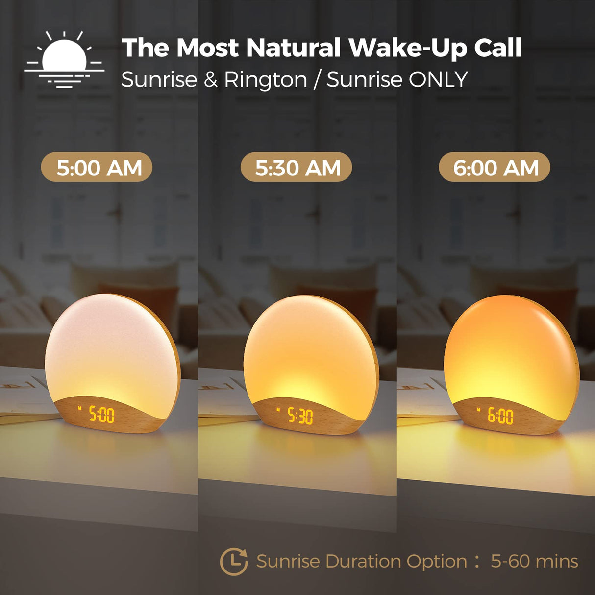 HOUSBAY White Noise Machine Sunrise Alarm Clock, Wake Up Light, Dimmable Night Light, 26 Natural Sounds, Gentle Wake up & Sound Machine for Sleeping, Adults, Kids, Baby-Wooden