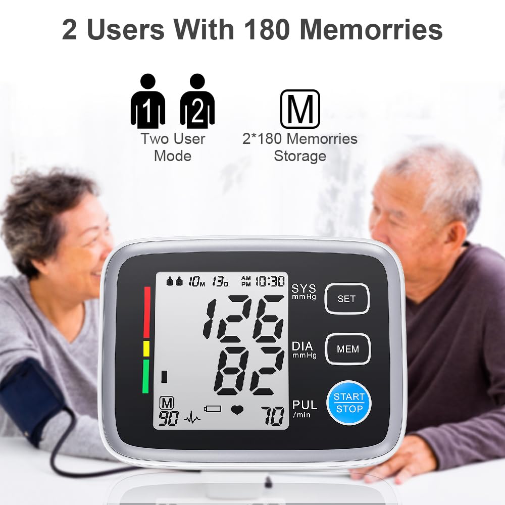 ALPHAGOMED Upper Arm Blood Pressure Monitor for Home Use 2 Cuff Sizes, 9-17'' & 13-21''Extra Large BP Cuff Automatic Digital Blood Pressure Machine 2 Users 180 Memories USB Cable 4 AA Batteries