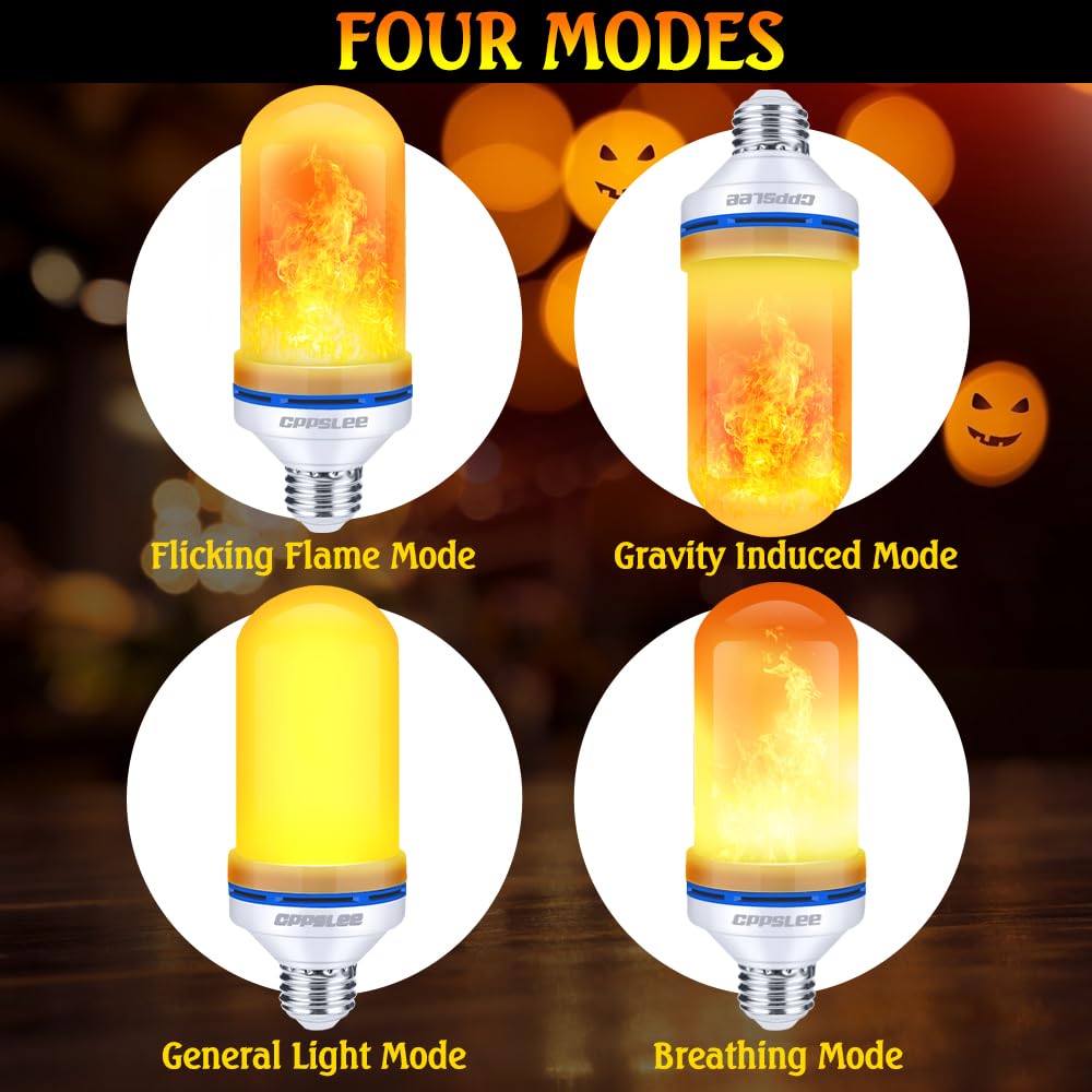 CPPSLEE Upgraded LED Flame Light Bulbs, 4 Modes Flickering Light Bulbs, E26 Base Fire Flame Bulb for Halloween Decorations Outdoor, Christmas Lights Patio Indoor Home Decor (Yellow, 4 Pack)