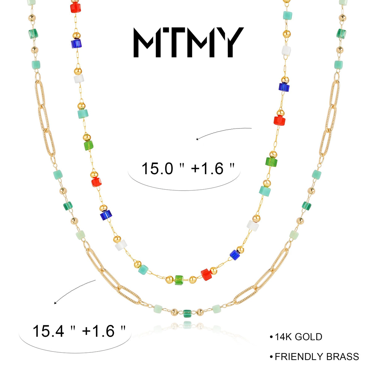 MTMY Beaded Necklaces for Women 14K Gold Plated Dainty Colorful Green/Rose Beaded Pearl Choker Necklace Delicate Boho Jewelry Gift (Layer-mix color)