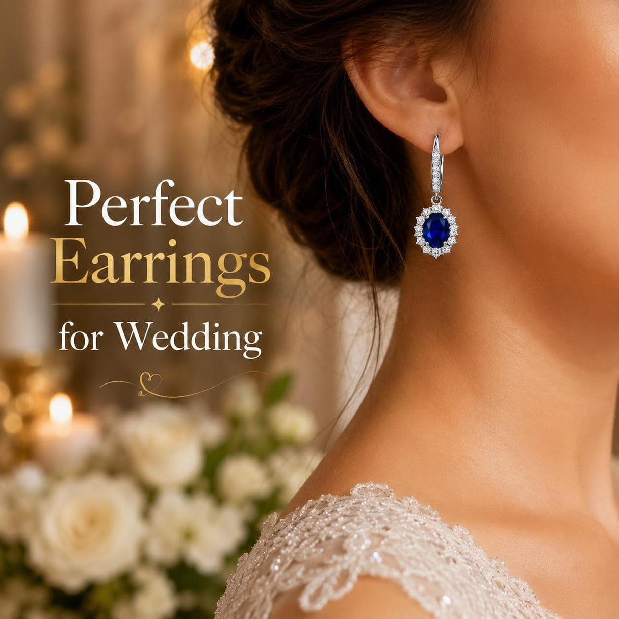 Amy & Annette Blue Sapphire Earrings - 18k White Gold Plated Leverback Drop and Dangle Halo Earring for Women - Great Gift Idea for Every Occasion