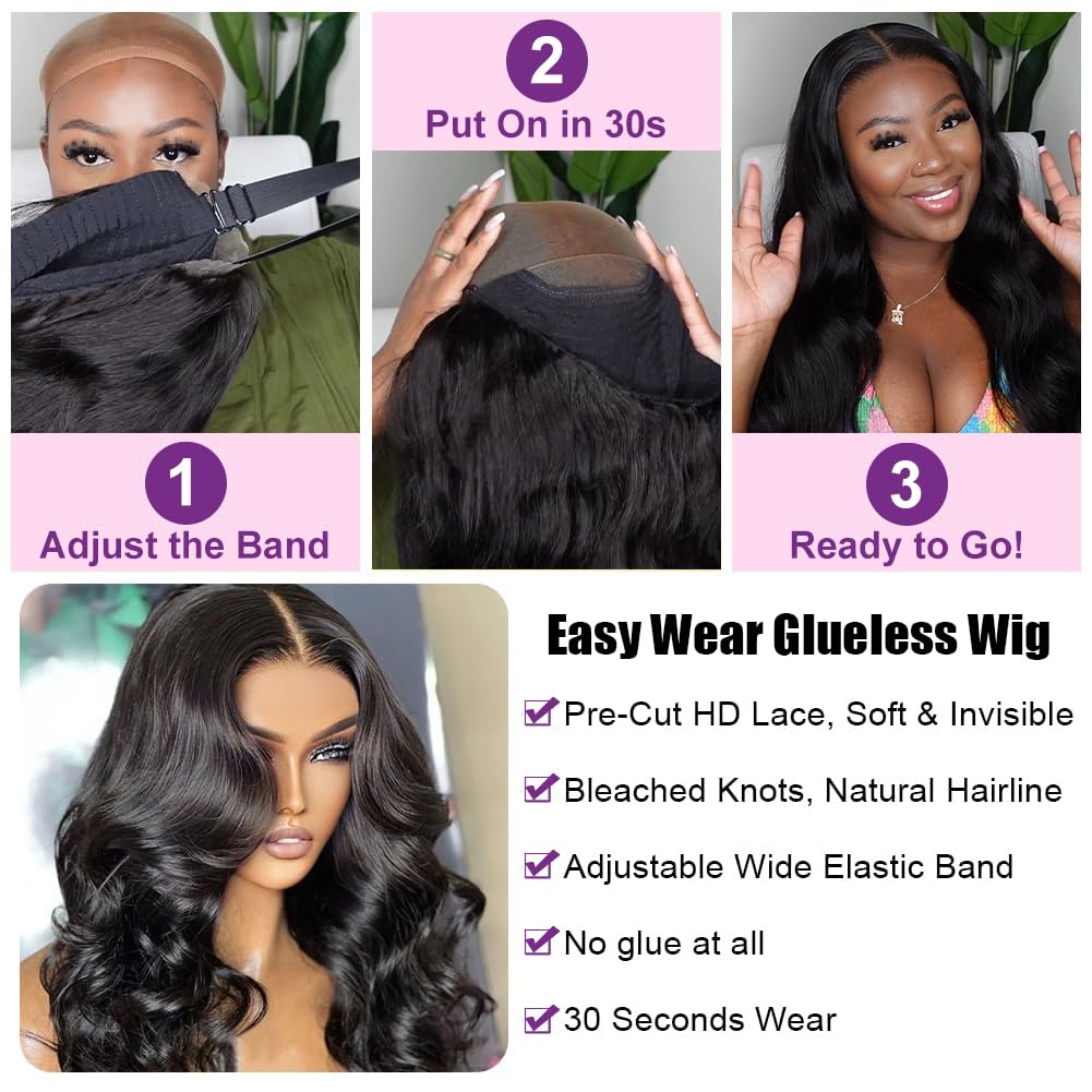 Daveila Body Wave Glueless Wig Human Hair Pre Plucked Pre Cut Glueless Lace Front Wig Ready to Wear 6x4 Body Wave Closure Wig Human Hair 180% Density Body Wave Pre Plucked Human Hair Wig Lace 22 Inch