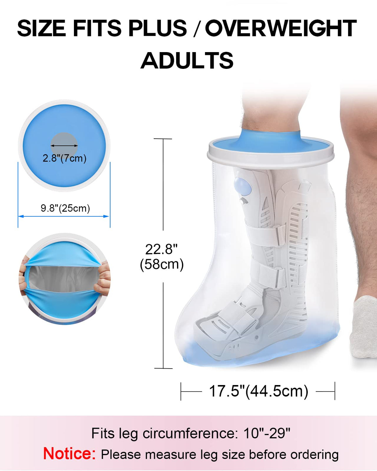 DNEOUXI Waterproof Extra Wide Leg Cast Cover for Shower, Extra Large Watertight Foot Protector Cover with Non-Slip Bottom for Plus Size Adults Surgery Casts Boots, Fits Leg Size 10"-29"