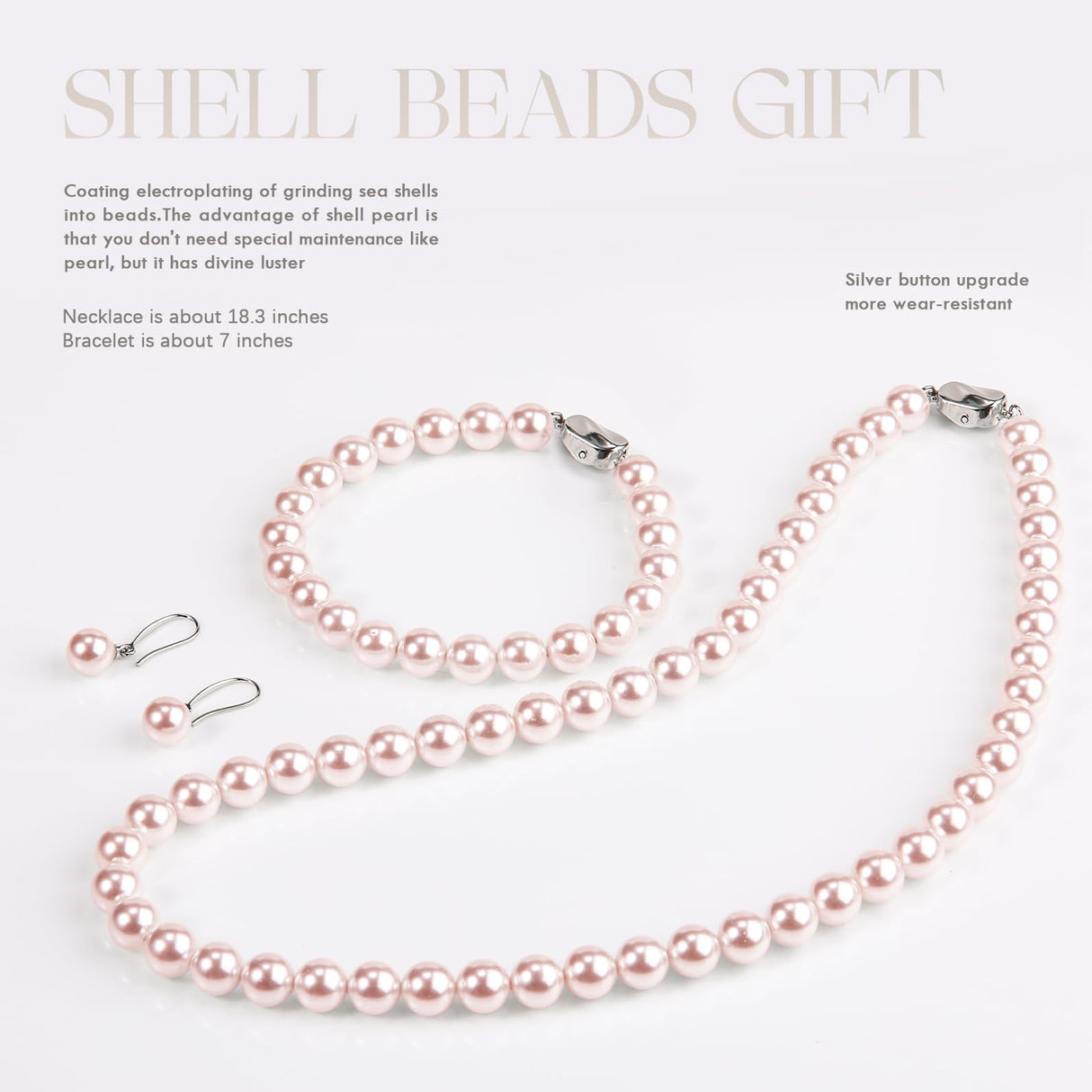 AOOVOO Pink Pearl Necklace Set for Women, 8mm Round Shell Pearl Includes Stunning Bracelet and Dangle Earrings 3 Piece Jewelry, Birthday Wedding Gifts for Her