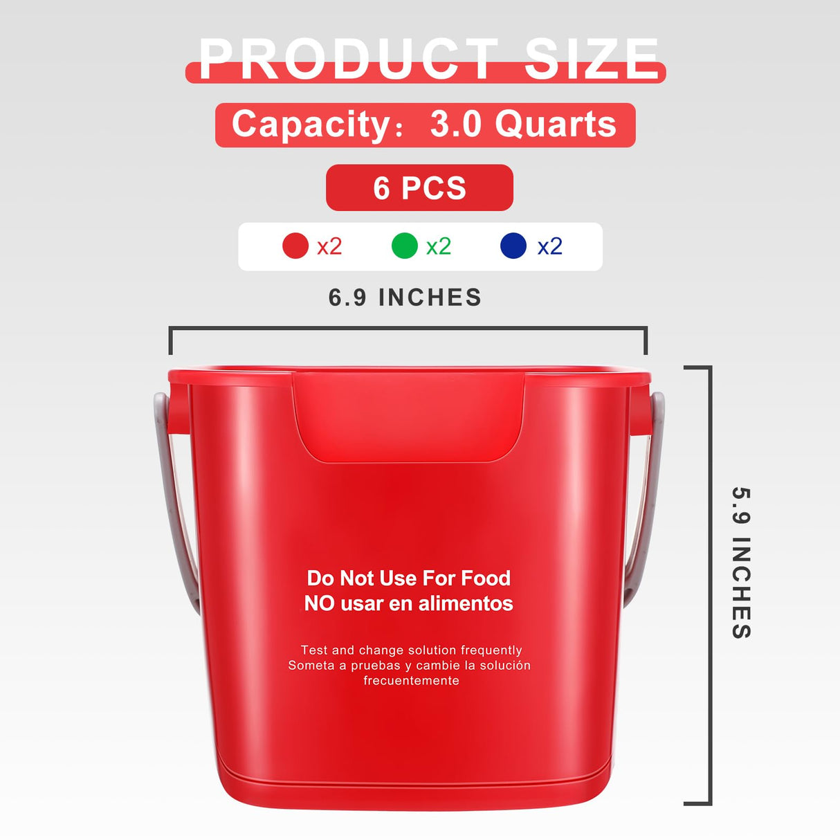Roshtia 6 Pcs 3 Quart Cleaning Bucket Small Sanitizing Square Bucket Detergent Pail for Home Commercial Restaurant Kitchen Office School(Red, Blue, Green)
