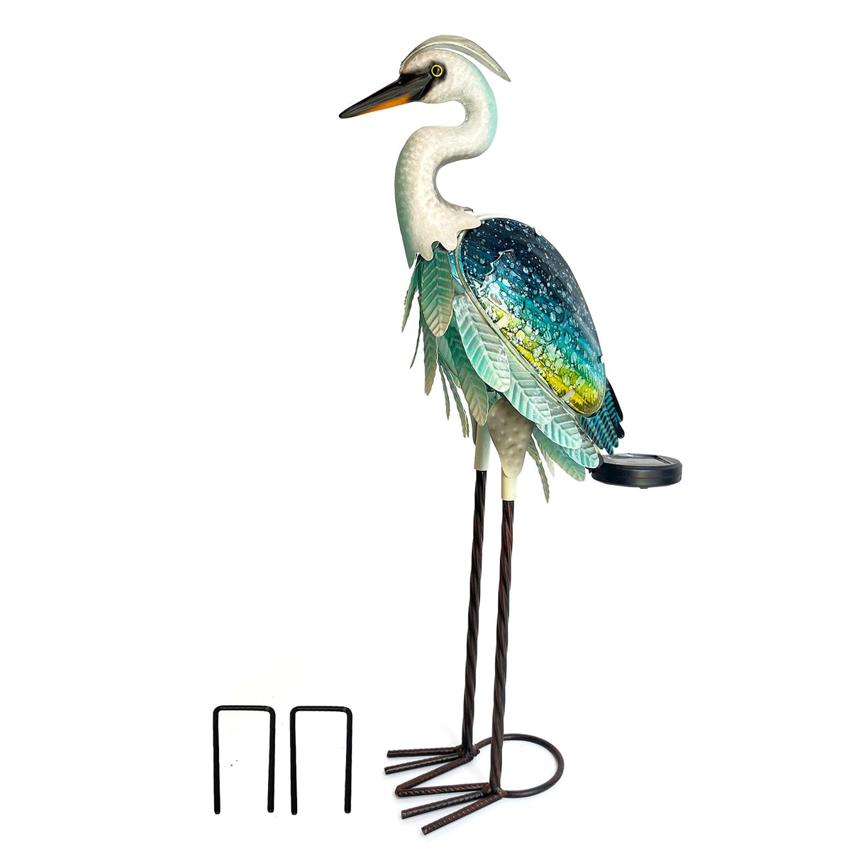 HONGLAND Solar Heron Metal Crane Statue Garden Heron Sculpture, Glass Outdoor Crane Yard Art Coastal Ocean Bird Decor 24 Inch Lawn Ornament for Backyard Porch Patio Decor(Green)