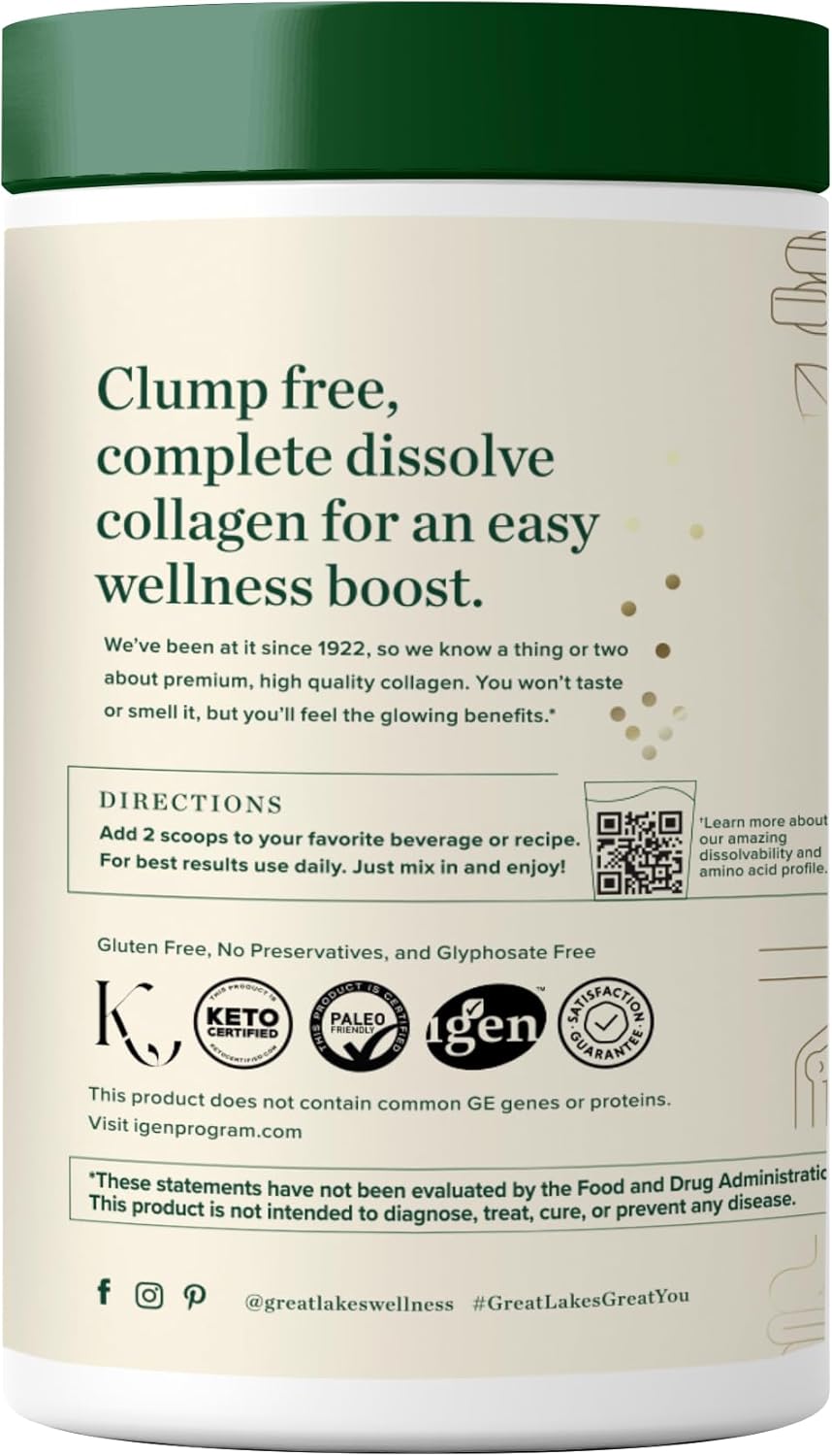 Great Lakes Wellness Collagen Peptides Powder for Skin, Hair, Nails, Joints & Digestion - Unflavored - Quick Dissolve Hydrolyzed, Non-GMO, Keto, Kosher - 7 oz New pack