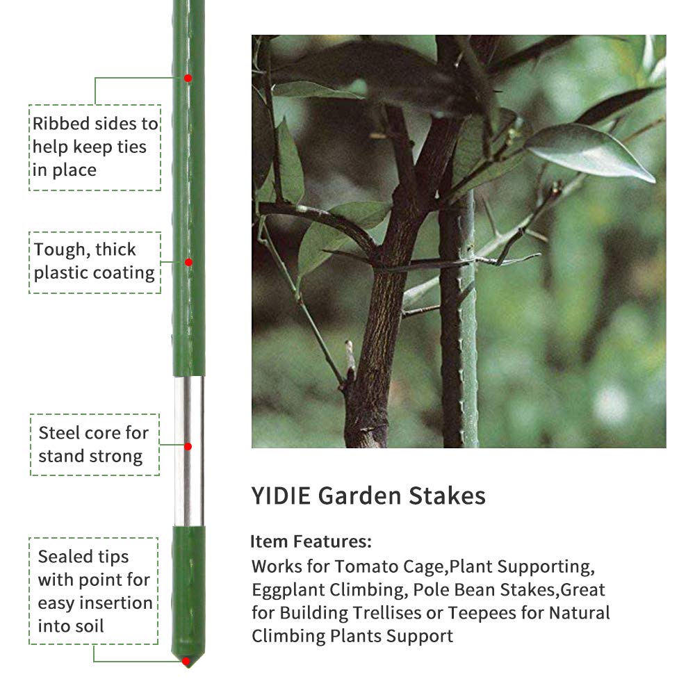 YIDIE Sturdy Metal Garden Plant Stakes 4 Ft Plastic Coated Steel Plant Sticks,Pack of 25