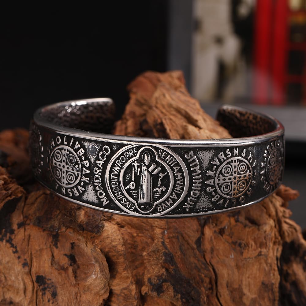 BaBakiak St Benedict Exorcism Medal Cuff Bracelet, Stainless Steel Christian Catholic Roman Cross Bangle, Patron Saint Amulet Medal Jewelry