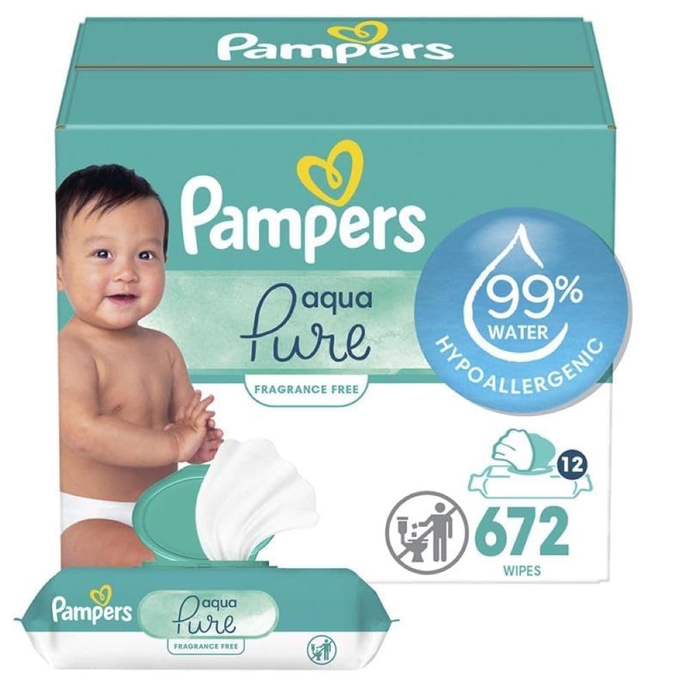 Pampers Baby Wipes Aqua Pure, 99% water-based wipes, Hypoallergenic and Unscented Infant Wipe, 448 Total (8 Flip-Top Packs)