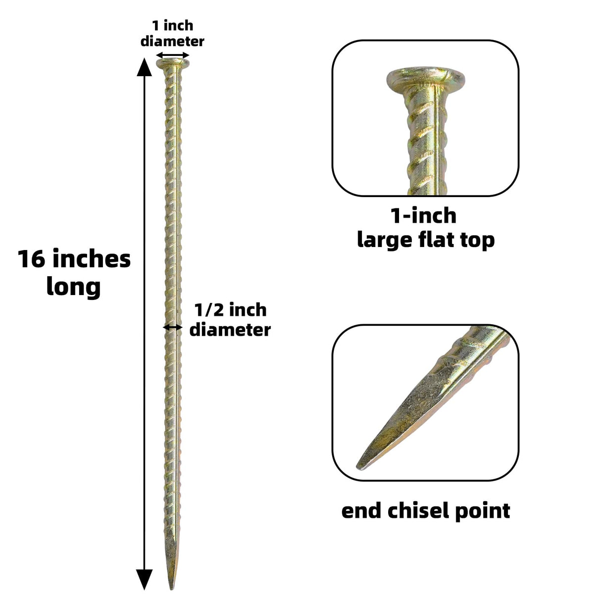 LONSOUR 16 Inch Rebar Stakes 10 Pack – 1/2 Inch Diameter Galvanized Steel Heavy Duty Ground Anchors, Metal Garden Stakes for Camping Tent, Speed Bump, Hard Soil, Fence, Wheel Stop