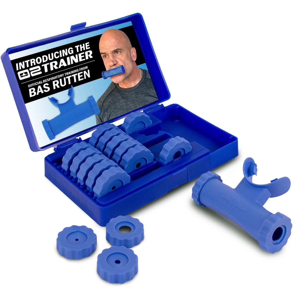Bas Rutten O2Trainer: Breathing Muscle Training Device – Lung Power & Endurance Tool for Athletes, Singers & High-Altitude Performance – Diaphragmatic Respiratory Trainer – 16 Resistance Caps – Blue