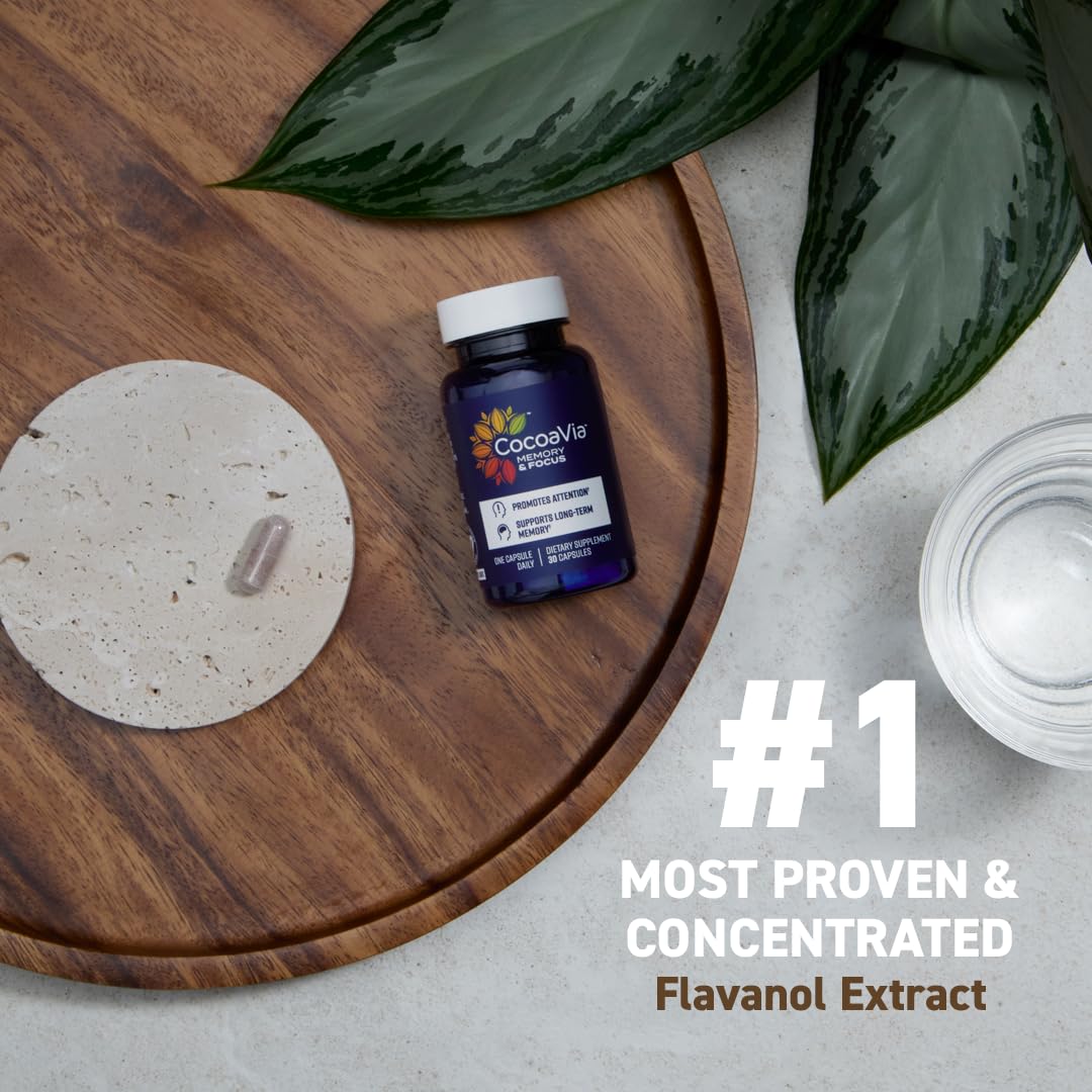 CocoaVia Memory & Focus Brain Supplement, 90 Day, Cocoa Flavanol Blend, Lutein, Added Caffeine for Boost. Improve Cognitive Function, Attention, Vegan & Plant Based, 90 Capsules