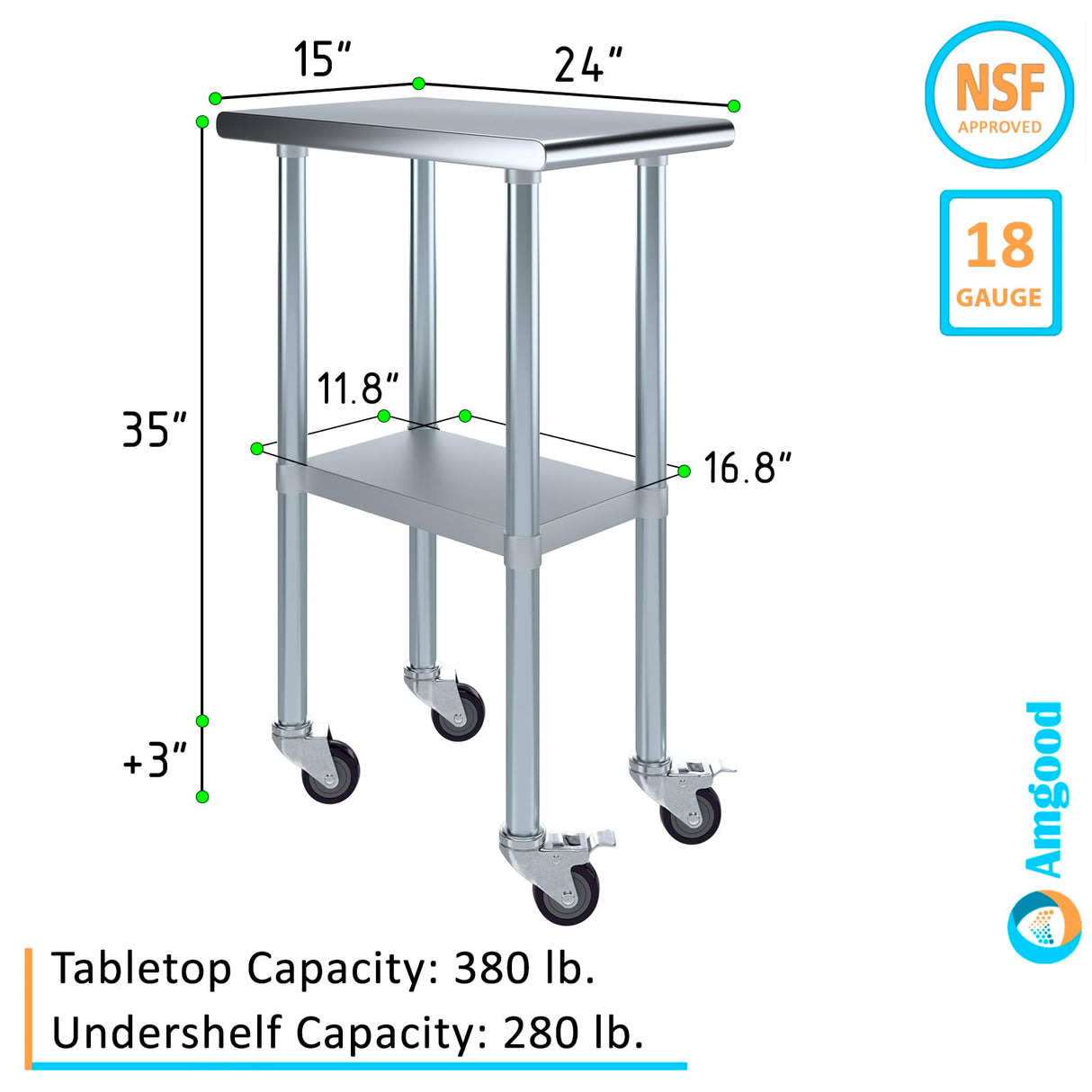 AmGood 24 in. x 15 in. Stainless Steel Work Table with Wheels | Metal Kitchen Food Prep Table | NSF