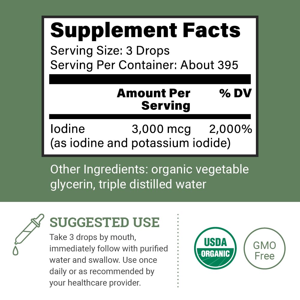 Organic Lugol's Iodine Liquid Drops Supplement - 2% Thyroid Non-GMO 2 Oz