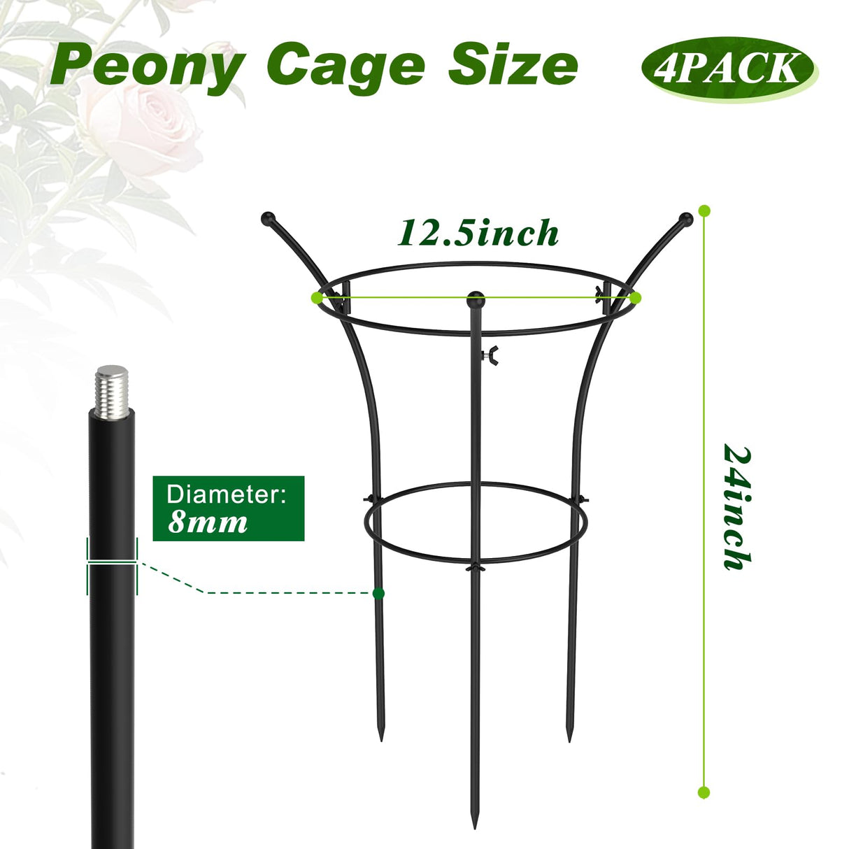 4 Pack Peony Cages and Supports, 12.5"Dx24"H Dual-Ring Metal Plant Supports