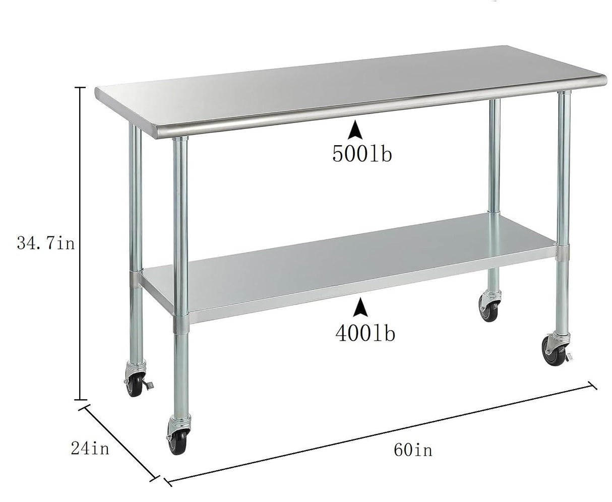 ROCKPOINT Stainless Steel Table for Prep & Work with Caster Wheels 24x60 Inches, NSF Metal Commercial Kitchen Heavy Duty Table with Adjustable Under Shelf and Table Foot for Restaurant, Home and Hotel