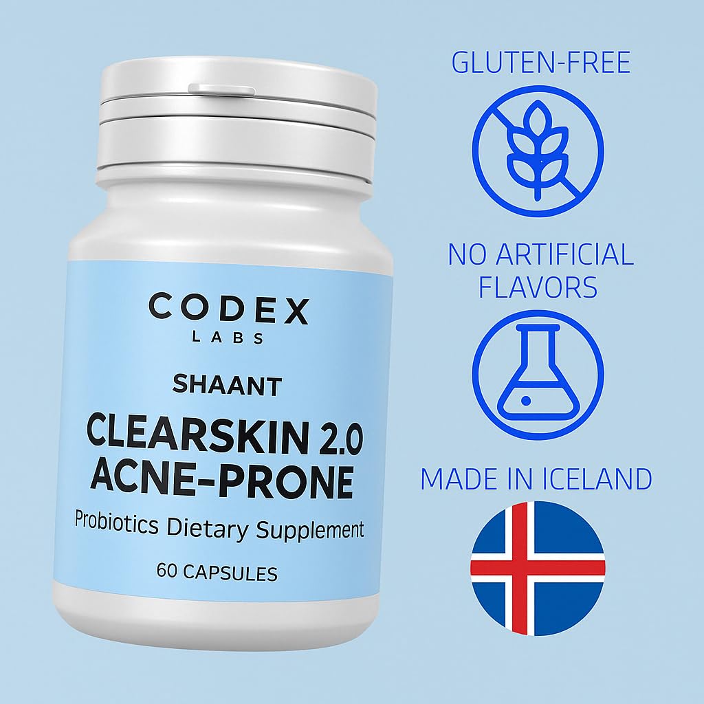 Codex Labs Shaant Clear Skin Supplement – 60 Vegan Capsules | Acne Probiotics with 9-Strain Blend, Green Tea EGCG & Guggul – Daily Support for Acne-Prone Skin & Clear Complexion