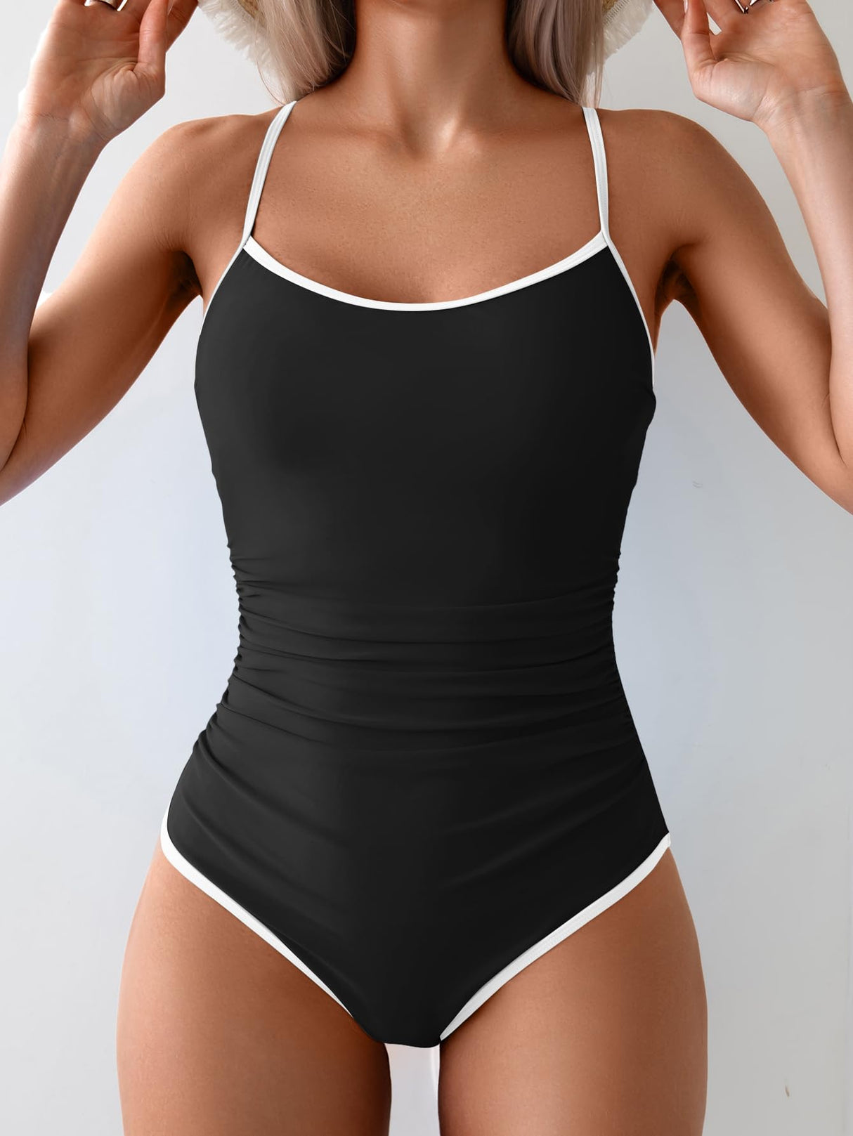 Eomenie Women's One Piece Swimsuit Tummy Control Slimming Bathing Suit Color Block Spaghetti Strap 1 Piece Swim Suit Swimwear