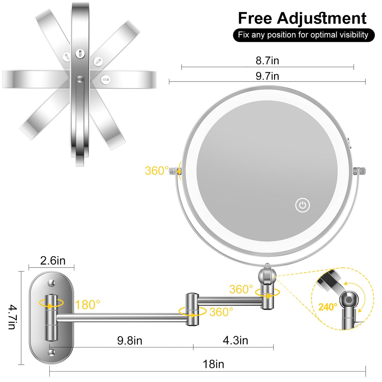 IMIKONA 9" Wall Mounted Lighted Makeup Mirror,4000mAh Rechargeable Double Sided 1X/10X Magnifying Mirror with Light,3 Color Lights,Touch Dimmable,Extended Arm 360 Rotation Wall Mounted Makeup Mirror