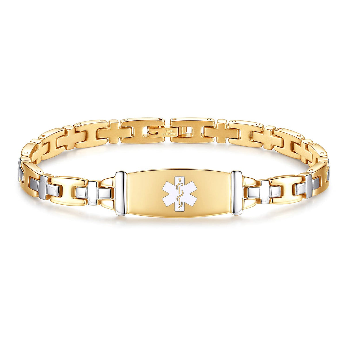 Tarring Fashion Lady Stainless steel Medical Alert id Bracelets with Free Engraving (Gold-7.5 in)