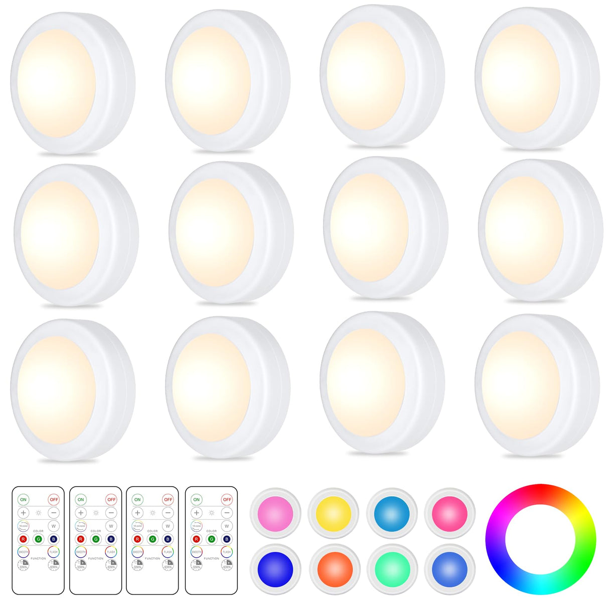 Yiliaw 12 Pack LED Puck Lights Remote Control 16 Color Changeable Under Cabinet Lights, Battery Operated Lights Night Light with Dimmer & Timmer for Closet Bedroom Kitchen, White