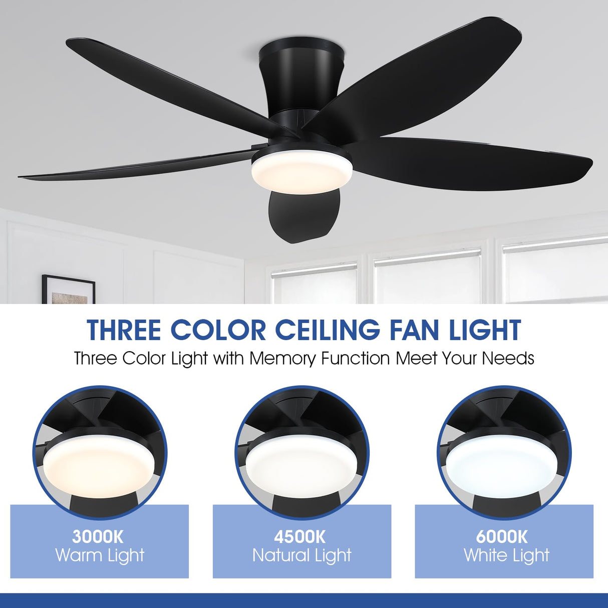 Surtime 42" Ceiling Fans with Lights-Low Profile Ceiling Fan with Light and Remote/APP Control,Flush Mount,DC Reversible,LED Dimmable Blakc Ceiling Fans for Bedroom,Indoor/Outdoor Patio Use