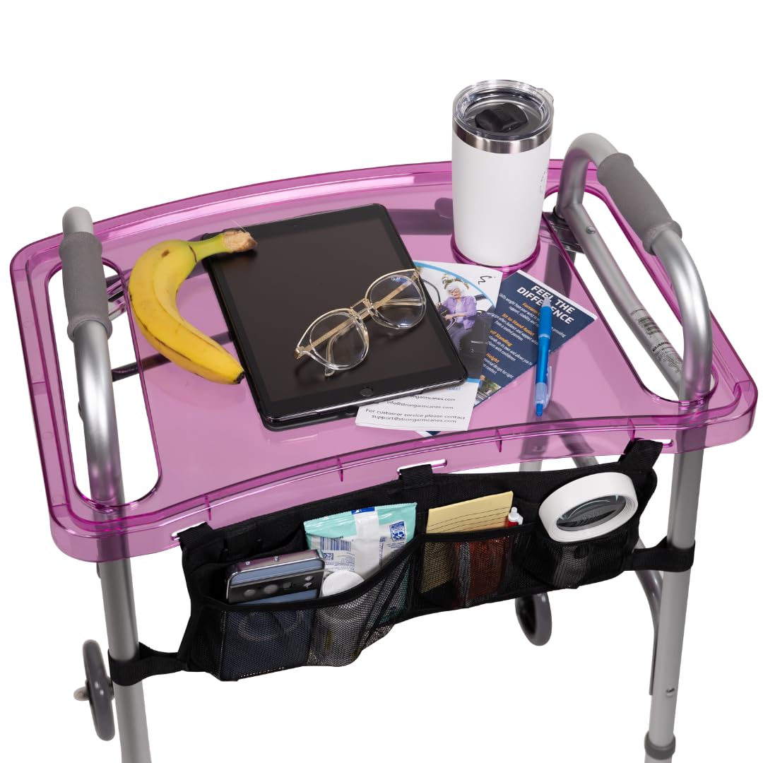 StrongArm Clear View Walker Tray + Bag + Non-Slip Mat & Cup Holder, Tray for Folding Walkers, Food Tray, Walker Accessories, Tray Table for Standard Adult Walkers (Purple)