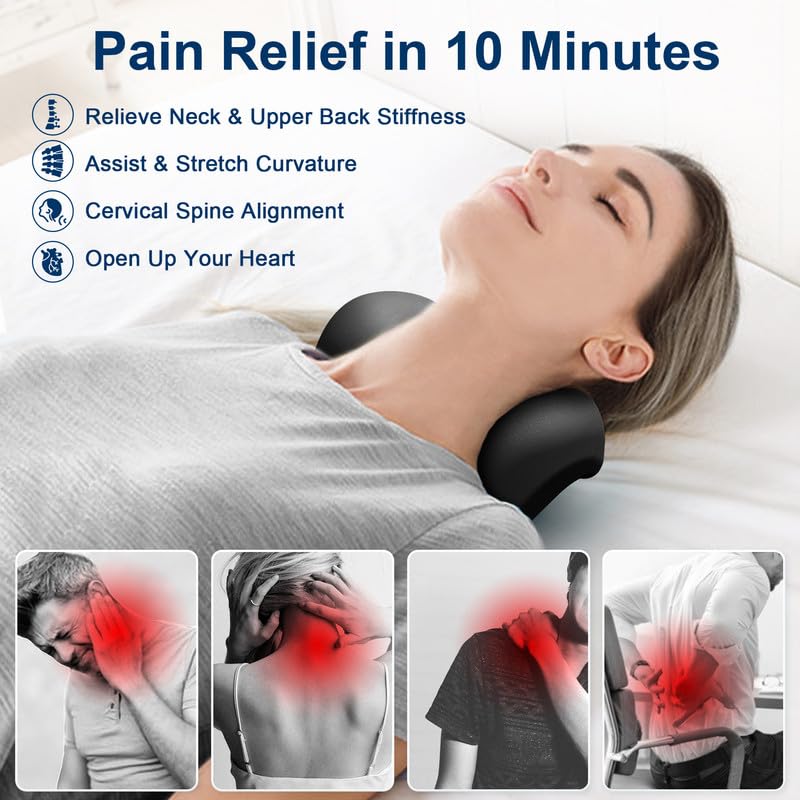 Neck and Shoulder Relaxer with Upper Back Massage Point, Cervical Traction Device Neck Stretcher for TMJ Pain Relief and Cervical Spine Alignment Chiropractic Pillow (Black)
