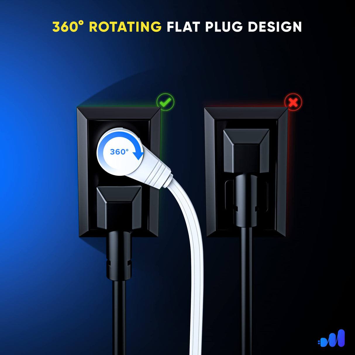 Maximm 360° Rotating Flat Plug Extension Cord UL-Certified 10 feet Under Carpet with Slim Space-Saving Plug Design, Low Profile Cord (White)