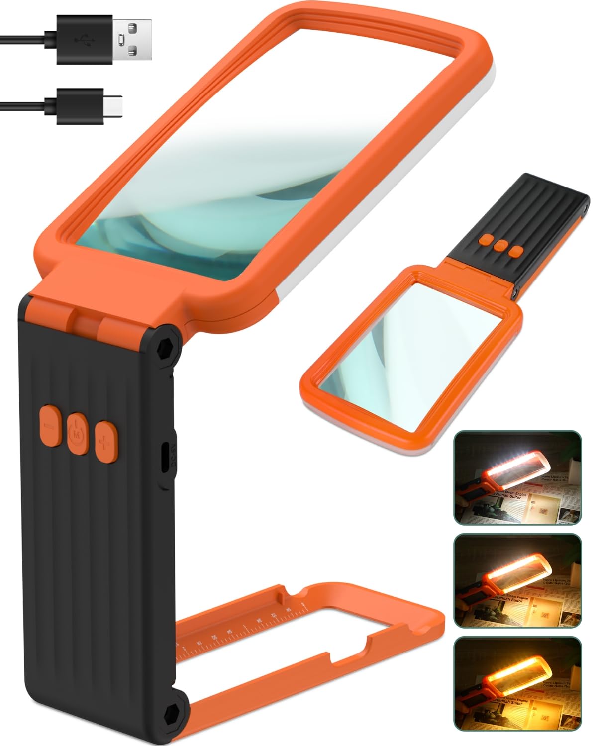 10X Magnifying Glass with Light and Stand, Rechargeable Folding Handheld Real Glass Magnifier, 3 Color Modes Dimmable Lighted Page Magnifier for Reading Small Prints, Seniors with Macular Degeneration