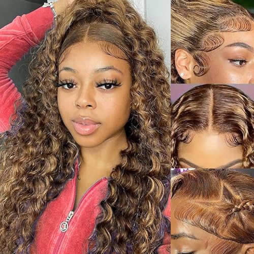 Aimking 13x6 Highlight Ombre Lace Front Wig Human Hair Wigs For Women 180% Density 4/27 HD Deep Wave Lace Frontal Wigs Curly Honey Blonde Wig Human Hair Pre Plucked With Baby Hair Colored (26 Inch)