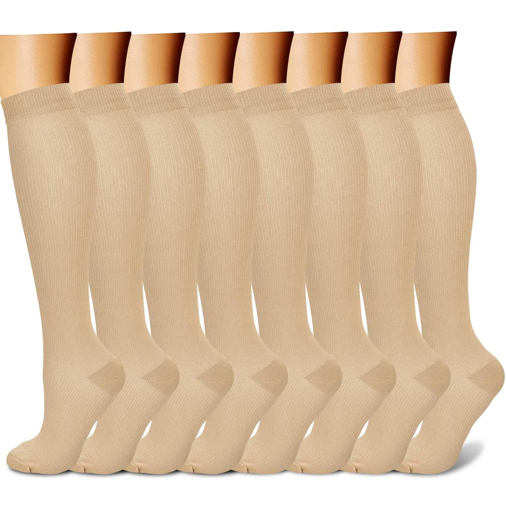 CHARMKING Compression Socks for Women & Men (8 Pairs) 15-20 mmHg Graduated Copper Support Socks are Best for Pregnant, Nurses - Boost Performance, Circulation, Knee High & Wide Calf (L/XL, Nude)