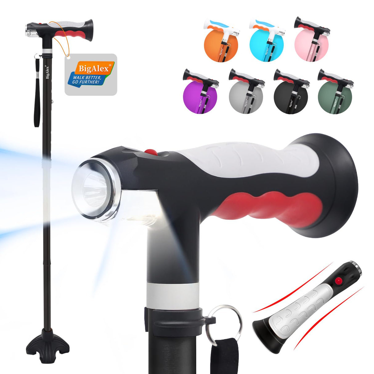 BigAlex Folding Walking Cane with Two Led Lights for Elderly Solid Base Adjustable Walking Stick with Carrying Bag for Men Women