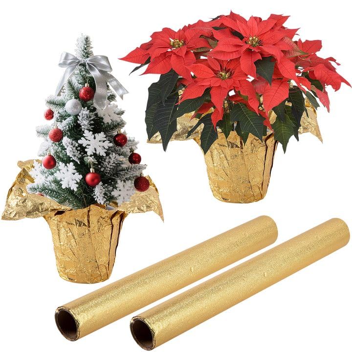 Adnee 2 Roll 10 Yard Floral Foil Plant Pot Covers,Matte Texture Christmas Plant Pot Foil,Golden Floral Pot Wrapping Paper for Christmas Home Flower Pot DIY decor