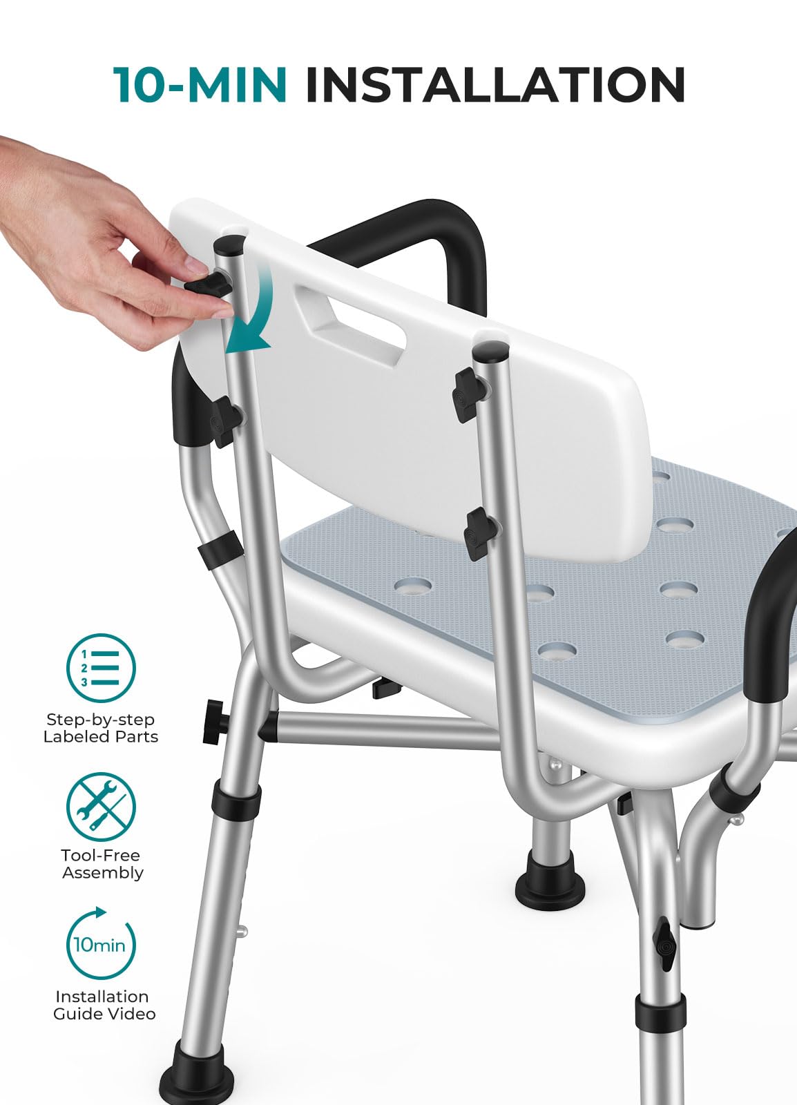 VFAUOSIT Shower Chair for Elderly and Disabled, 550 lbs Shower Chair for Inside Shower with Arms and Back, FSA/HSA 6-Height Shower Seats for Adults with Shower Bag, Bath Chairs for Seniors Inside Tub