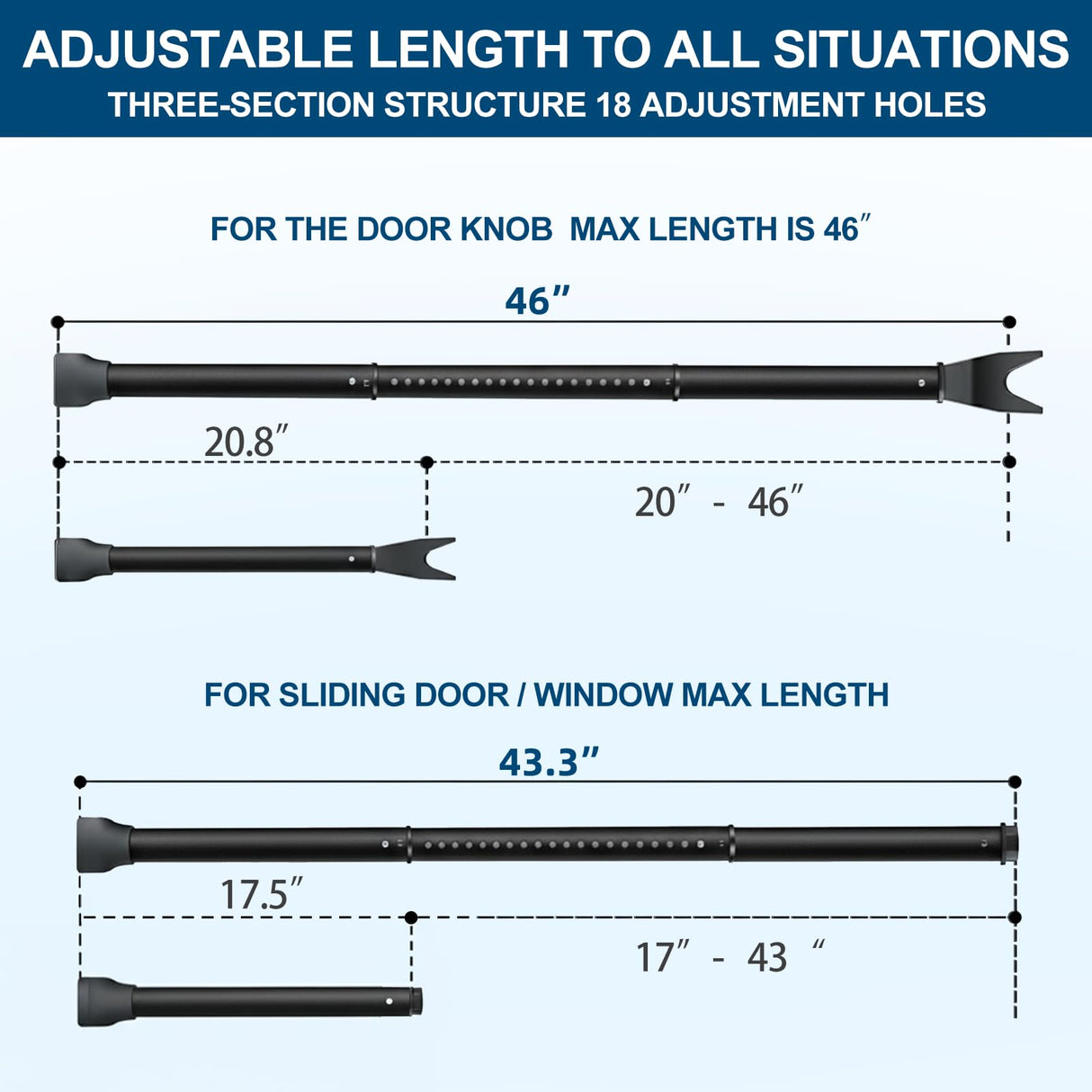 Door Security Bar, Rerishom Door Stoppers Security bar,Heavy Duty Door Lock Security Door Jammer Door Stopper for Apartment, Hotel Room,Screen Door Hardware (Dark Black, 1 Pack)